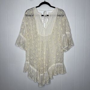 Anthropologie Women’s Deco Tunic Dress Sheer Cover Up Ivory Boho Size Medium